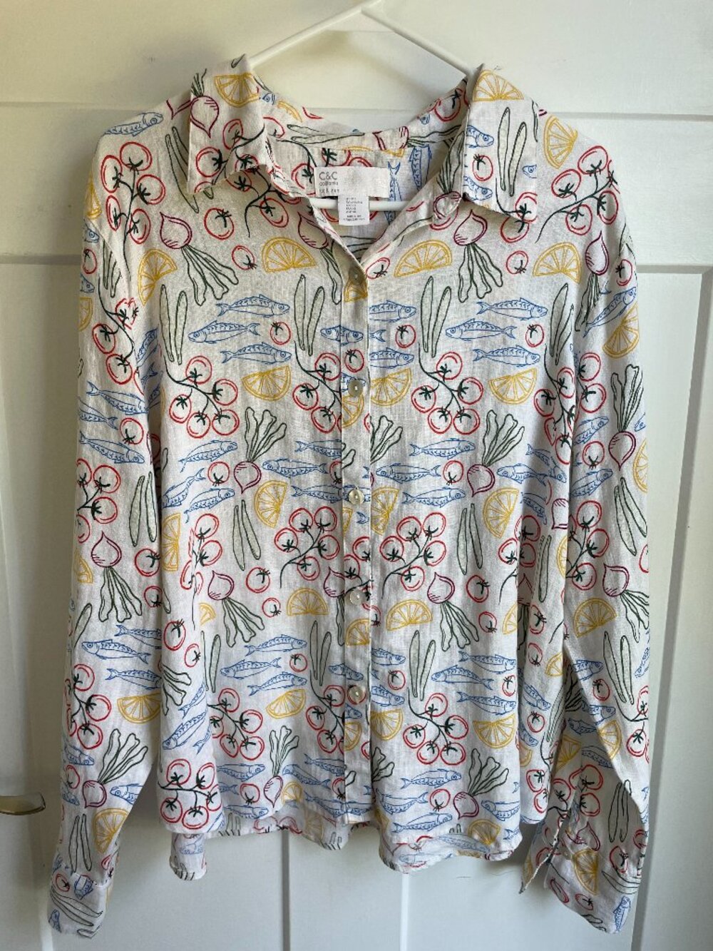 C&C California 100% Linen Sardine Tomato Print Button Down Blouse Shirt XL